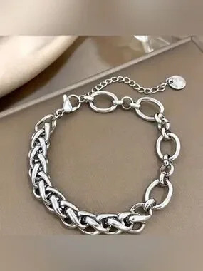 Silver Plated Stainless Steel Link Chain Bracelet Adjustable